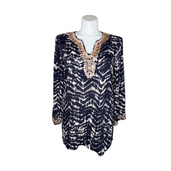 SOFT SURROUNDINGS Akira Printed V-Neck Beaded Top Size Large #29316 - Picture 2 of 10